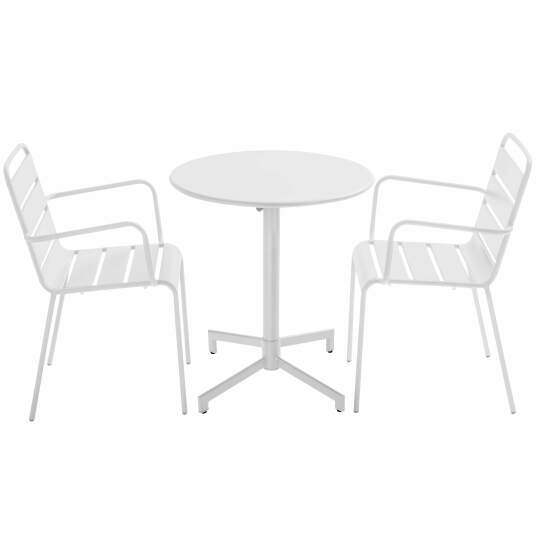 Table de jardin bistrot ronde inclinable en métal avec pied encastrable Ø70 cm et 2 chaises avec accoudoirs | Oviala