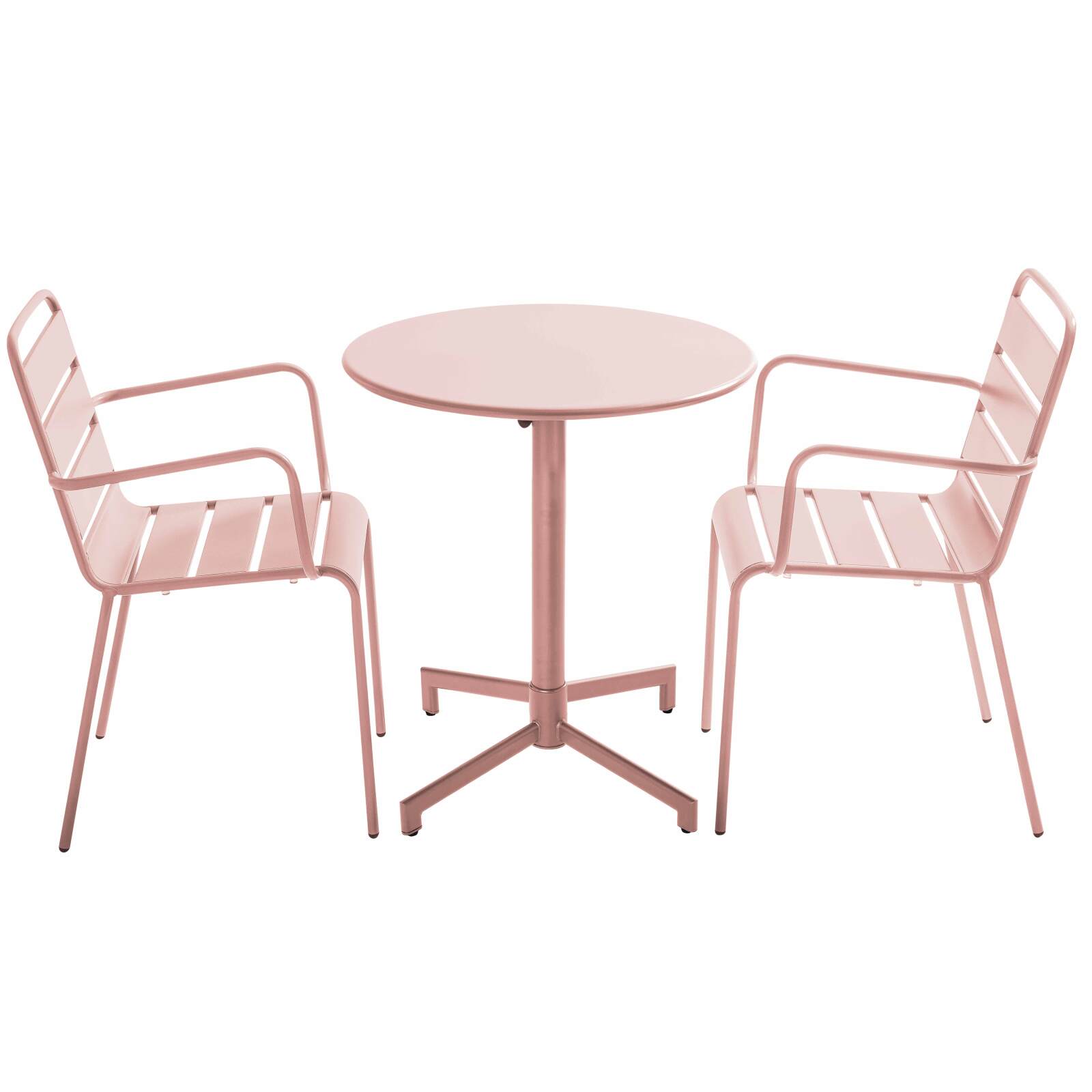 Table de jardin bistrot ronde inclinable en métal avec pied encastrable Ø70 cm et 2 chaises avec accoudoirs