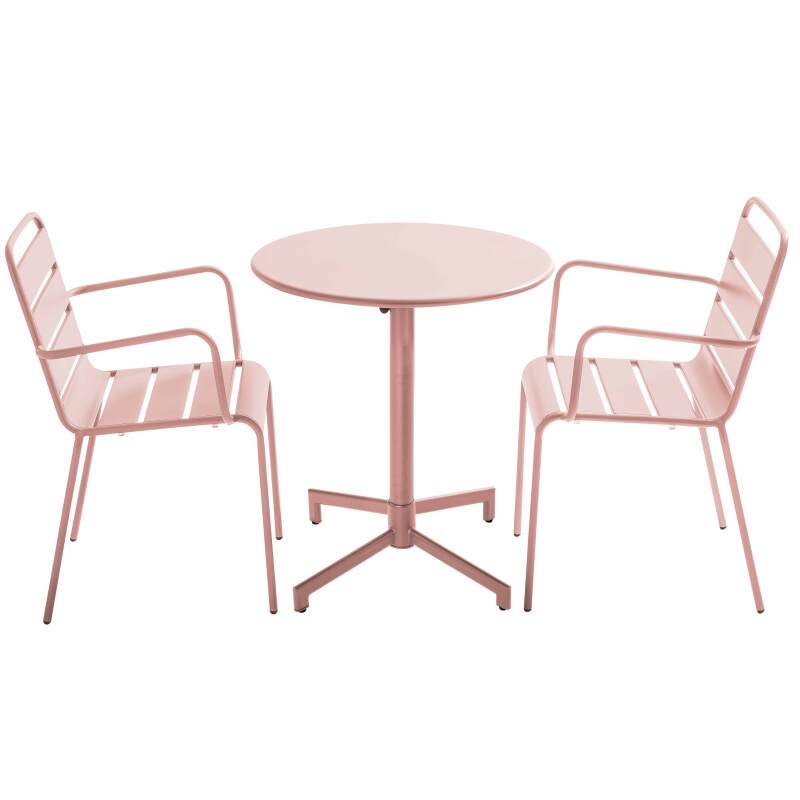 Table de jardin bistrot ronde inclinable en métal avec pied encastrable Ø70 cm et 2 chaises avec accoudoirs