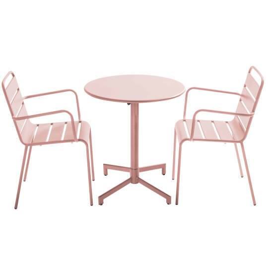 Table de jardin bistrot ronde inclinable en métal avec pied encastrable Ø70 cm et 2 chaises avec accoudoirs | Oviala