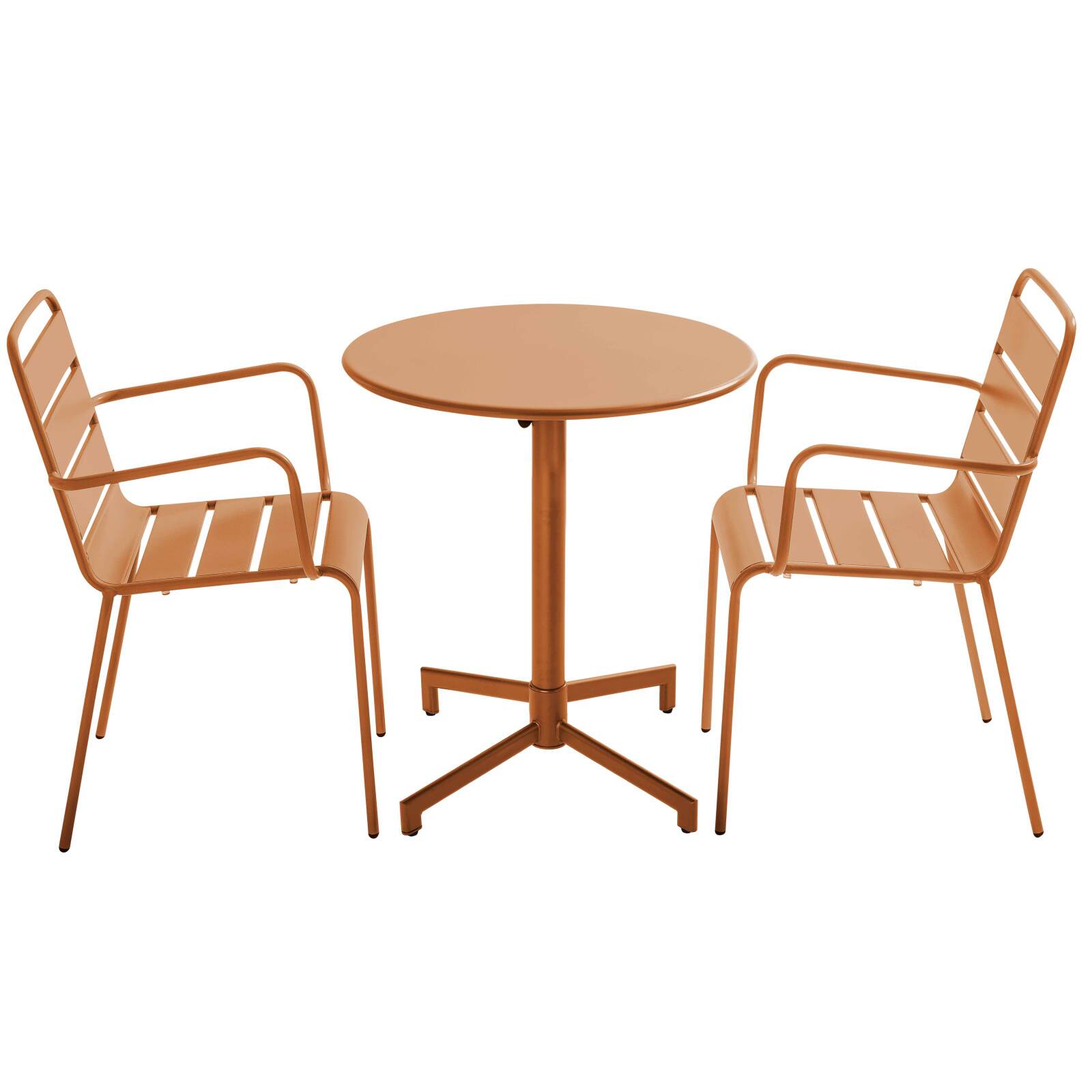 Table de jardin bistrot ronde inclinable en métal avec pied encastrable Ø70 cm et 2 chaises avec accoudoirs