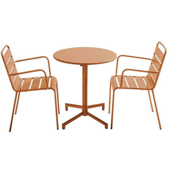 Table de jardin bistrot ronde inclinable en métal avec pied encastrable Ø70 cm et 2 chaises avec accoudoirs | Oviala