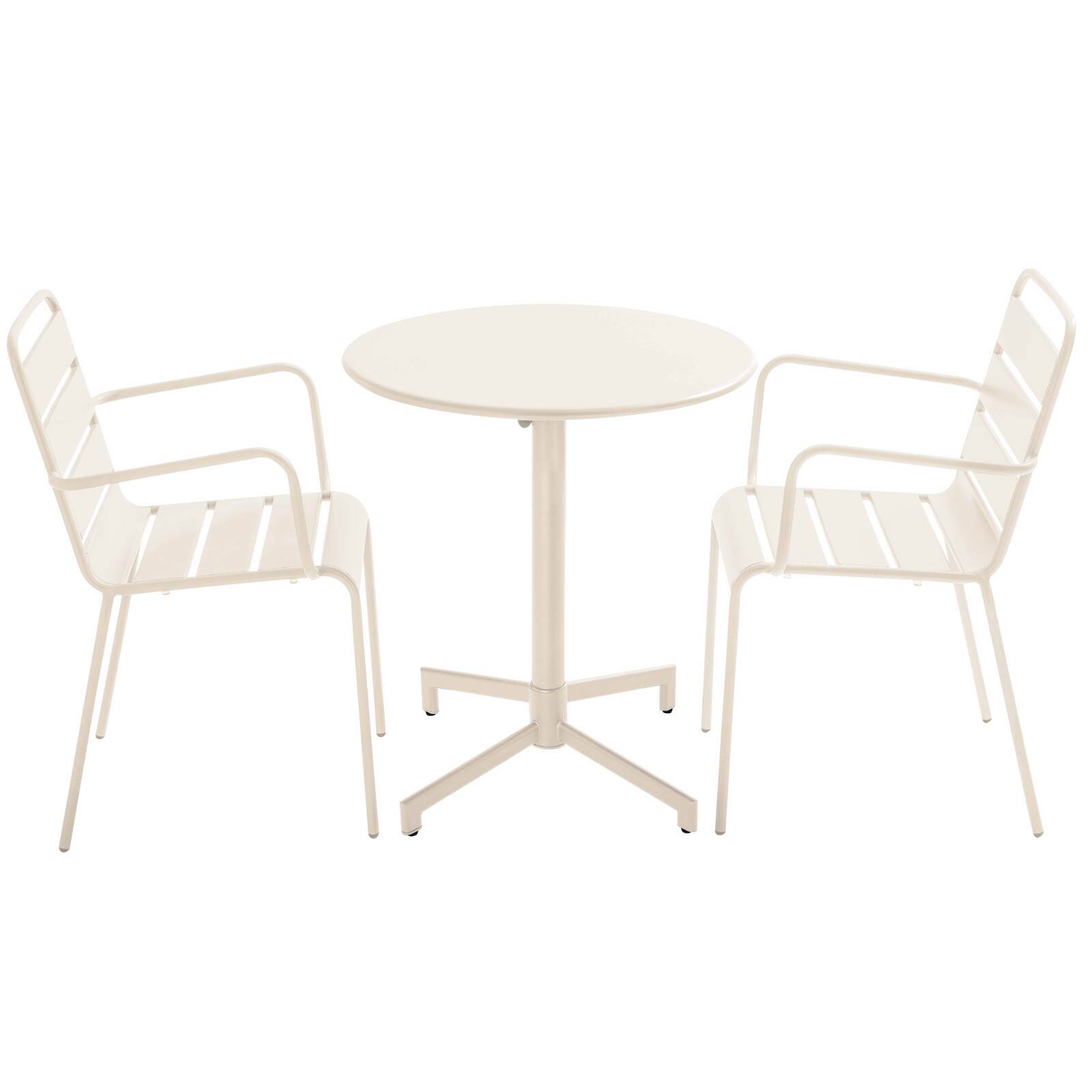 Table de jardin bistrot ronde inclinable en métal avec pied encastrable Ø70 cm et 2 chaises avec accoudoirs