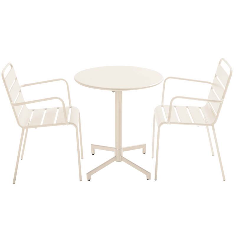 Table de jardin bistrot ronde inclinable en métal avec pied encastrable Ø70 cm et 2 chaises avec accoudoirs