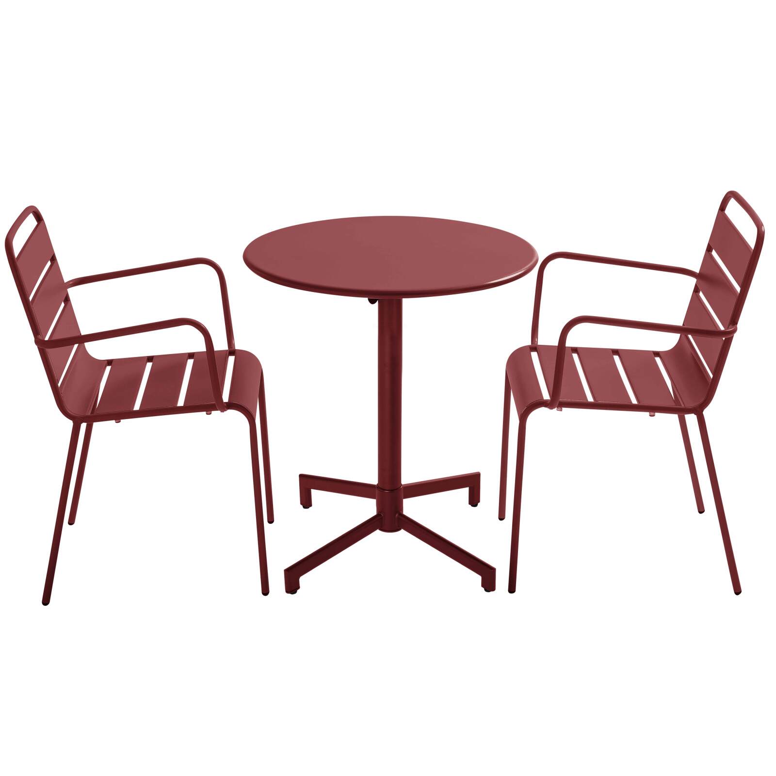Table de jardin bistrot ronde inclinable en métal avec pied encastrable Ø70 cm et 2 chaises avec accoudoirs
