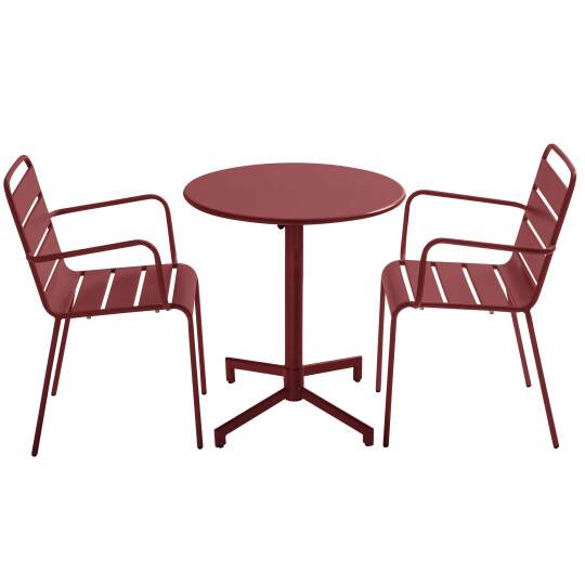 Table de jardin bistrot ronde inclinable en métal avec pied encastrable Ø70 cm et 2 chaises avec accoudoirs