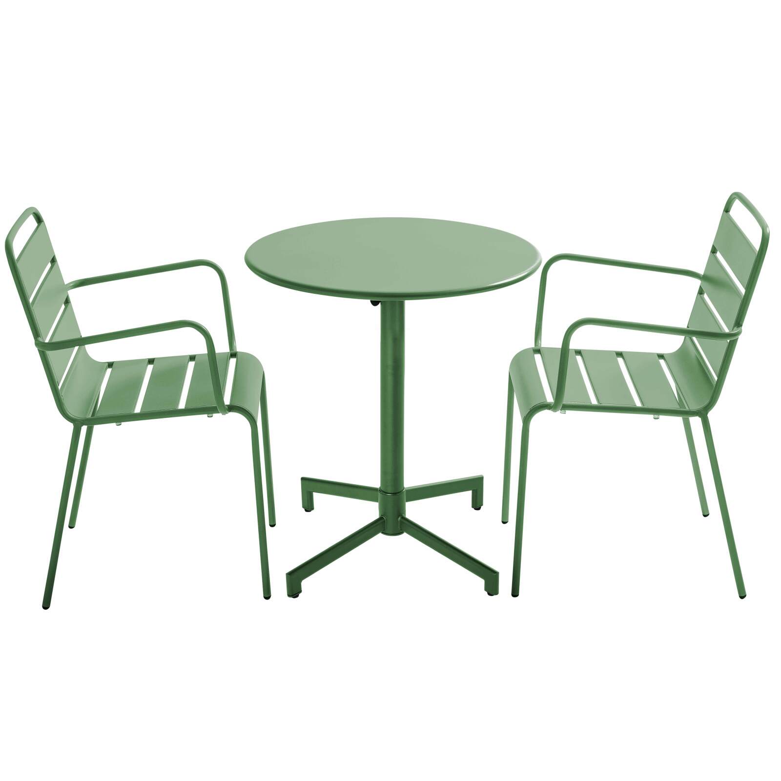 Table de jardin bistrot ronde inclinable en métal avec pied encastrable Ø70 cm et 2 chaises avec accoudoirs