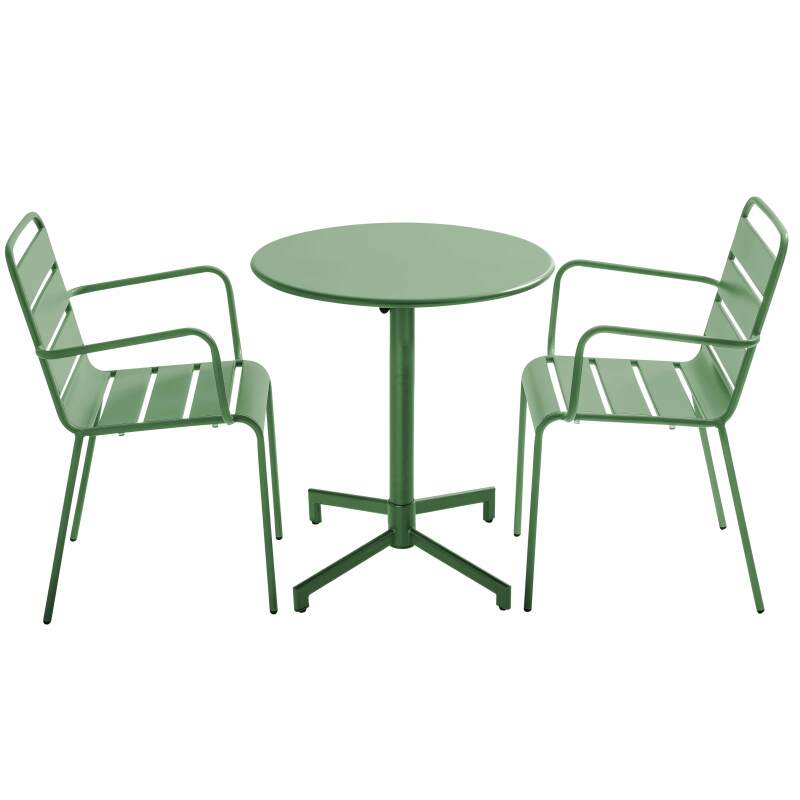 Table de jardin bistrot ronde inclinable en métal avec pied encastrable Ø70 cm et 2 chaises avec accoudoirs