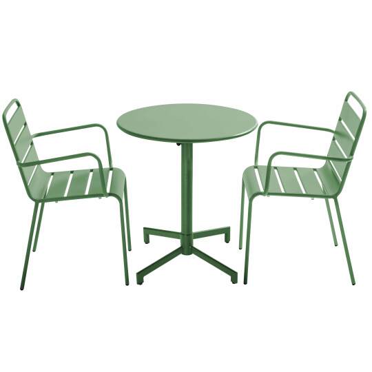 Table de jardin bistrot ronde inclinable en métal avec pied encastrable Ø70 cm et 2 chaises avec accoudoirs | Oviala