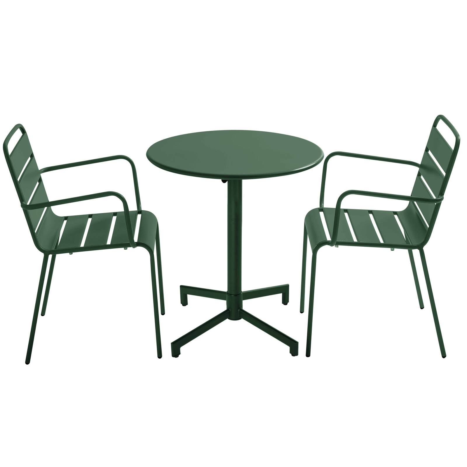 Table de jardin bistrot ronde inclinable en métal avec pied encastrable Ø70 cm et 2 chaises avec accoudoirs