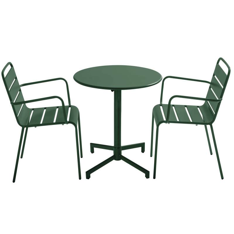 Table de jardin bistrot ronde inclinable en métal avec pied encastrable Ø70 cm et 2 chaises avec accoudoirs