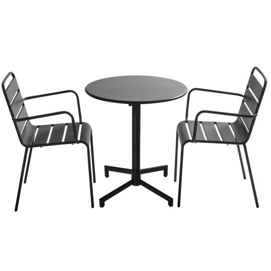 Table de jardin bistrot ronde inclinable en métal avec pied encastrable Ø70 cm et 2 chaises avec accoudoirs | Oviala
