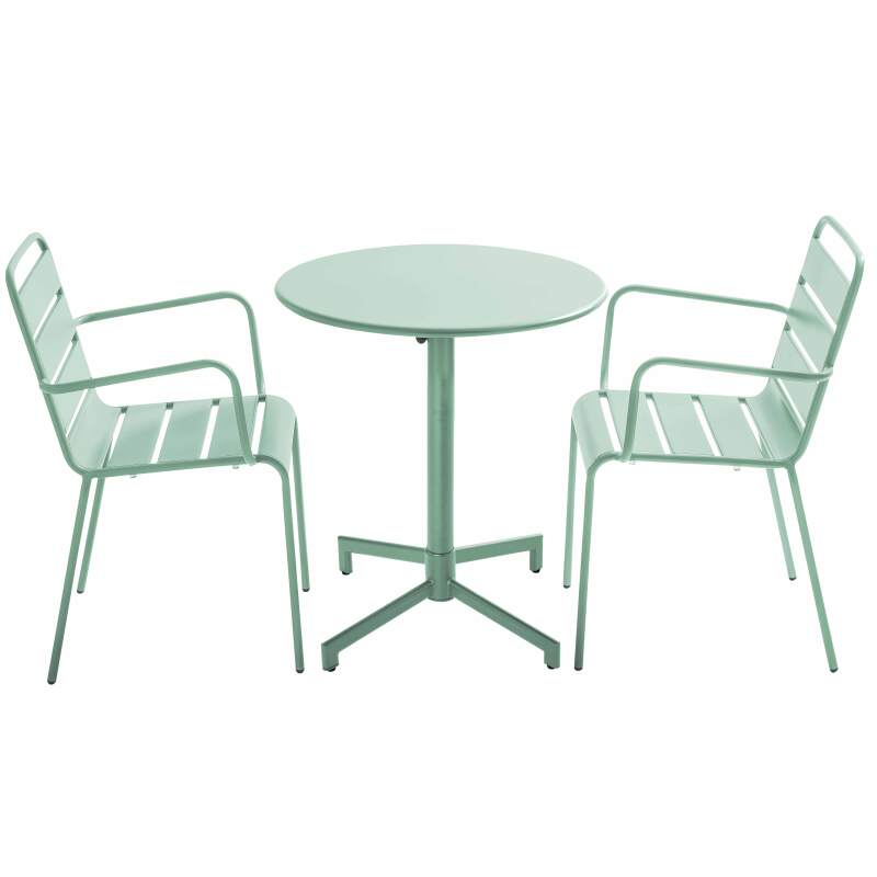 Table de jardin bistrot ronde inclinable en métal avec pied encastrable Ø70 cm et 2 chaises avec accoudoirs