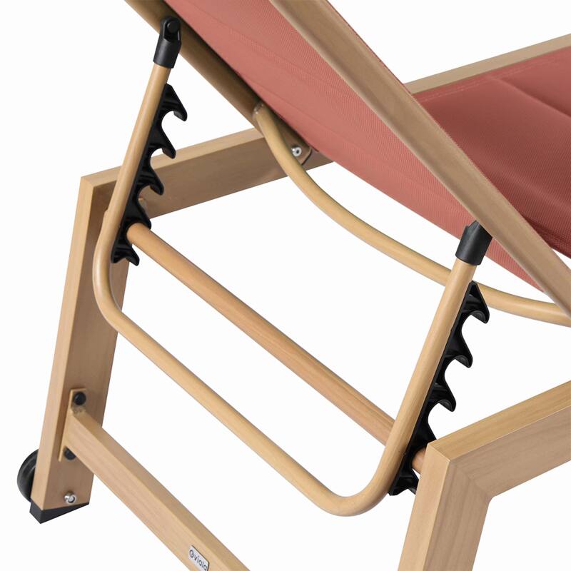 Bains de soleil aluminium effet bois et textilène inclinables 5 positions avec roues - Lot de 2 (6/7)