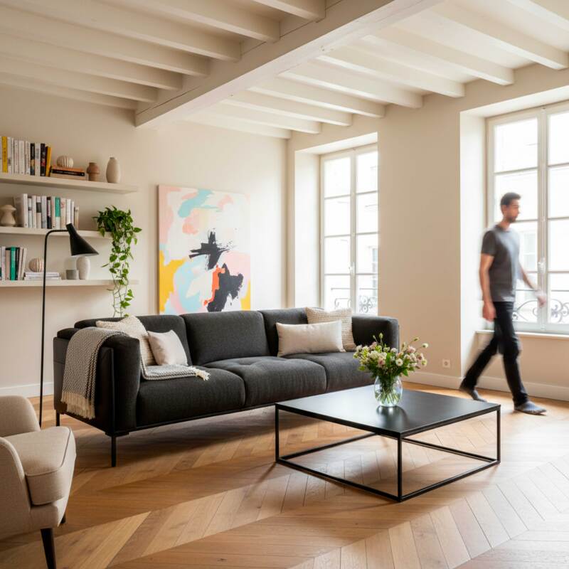 Canapé 4 places en cuir et tissu chiné