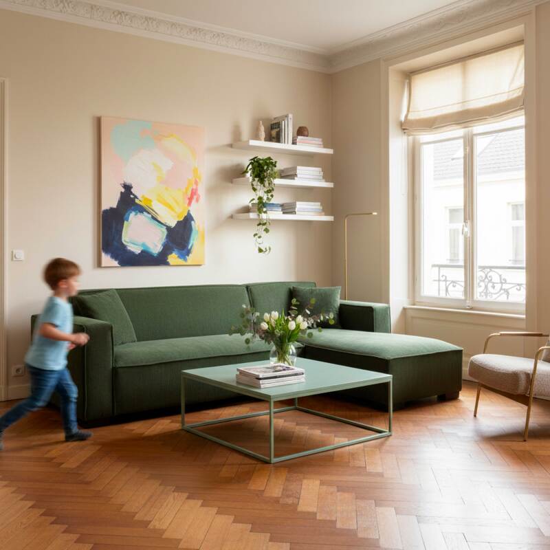 Canapé d'angle 3 places en velours côtelé avec méridienne droite et coussins