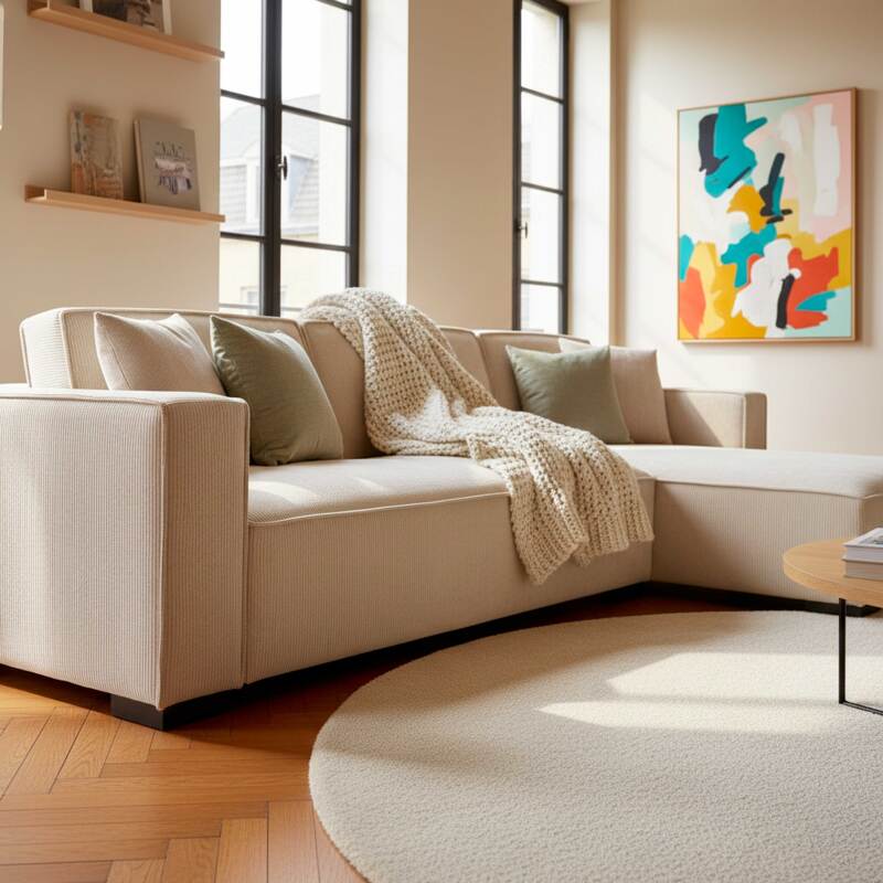 Canapé d'angle 3 places en velours côtelé avec méridienne droite et coussins (7/8)