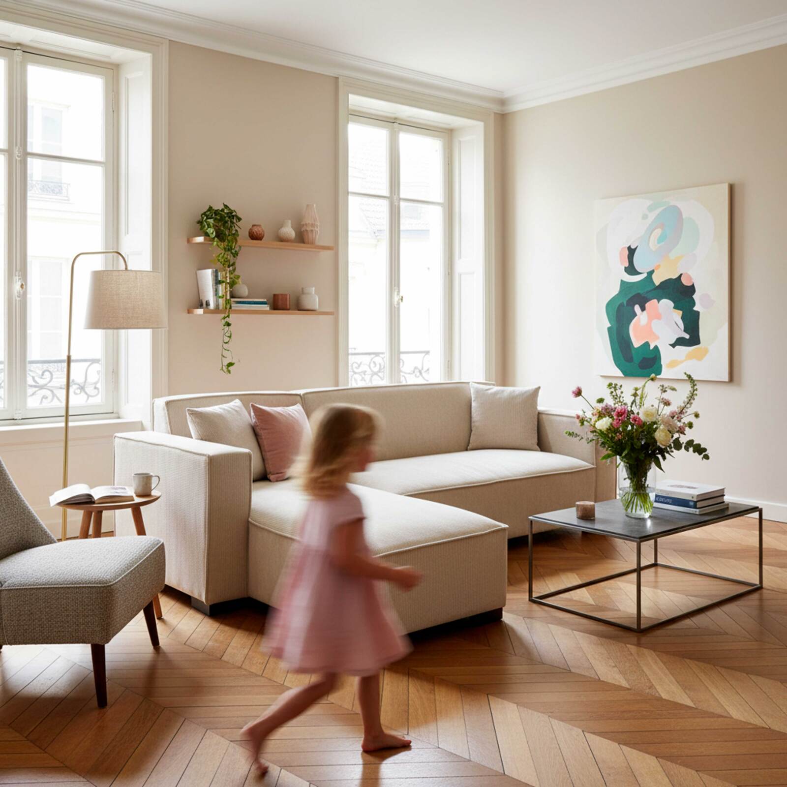 Canapé d'angle 3 places en velours côtelé avec méridienne gauche et coussins