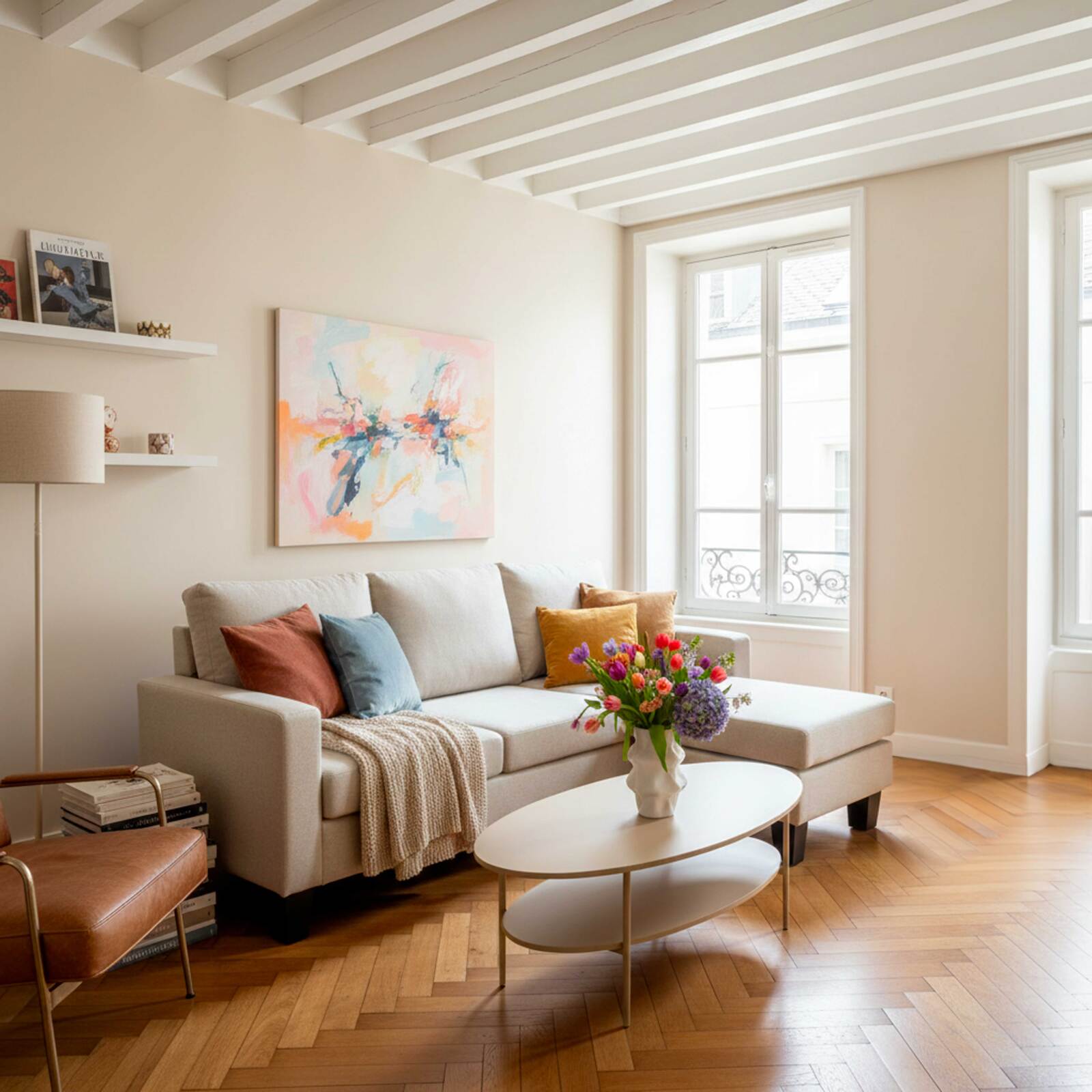 Canapé d'angle 3 places en tissu avec méridienne droite