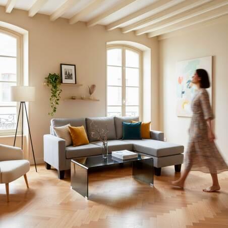 Canapé d'angle 3 places en tissu avec méridienne droite