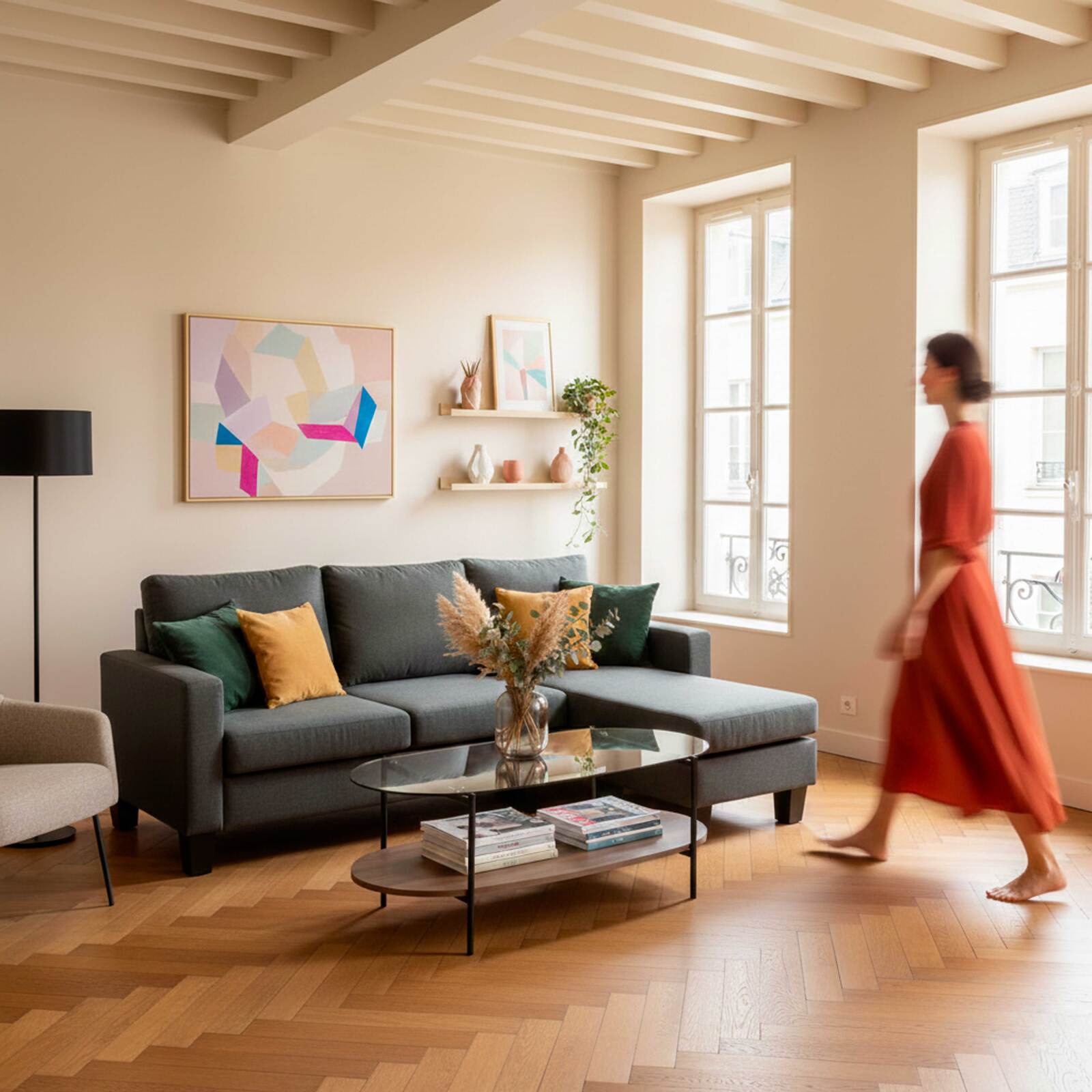 Canapé d'angle 3 places en tissu avec méridienne droite