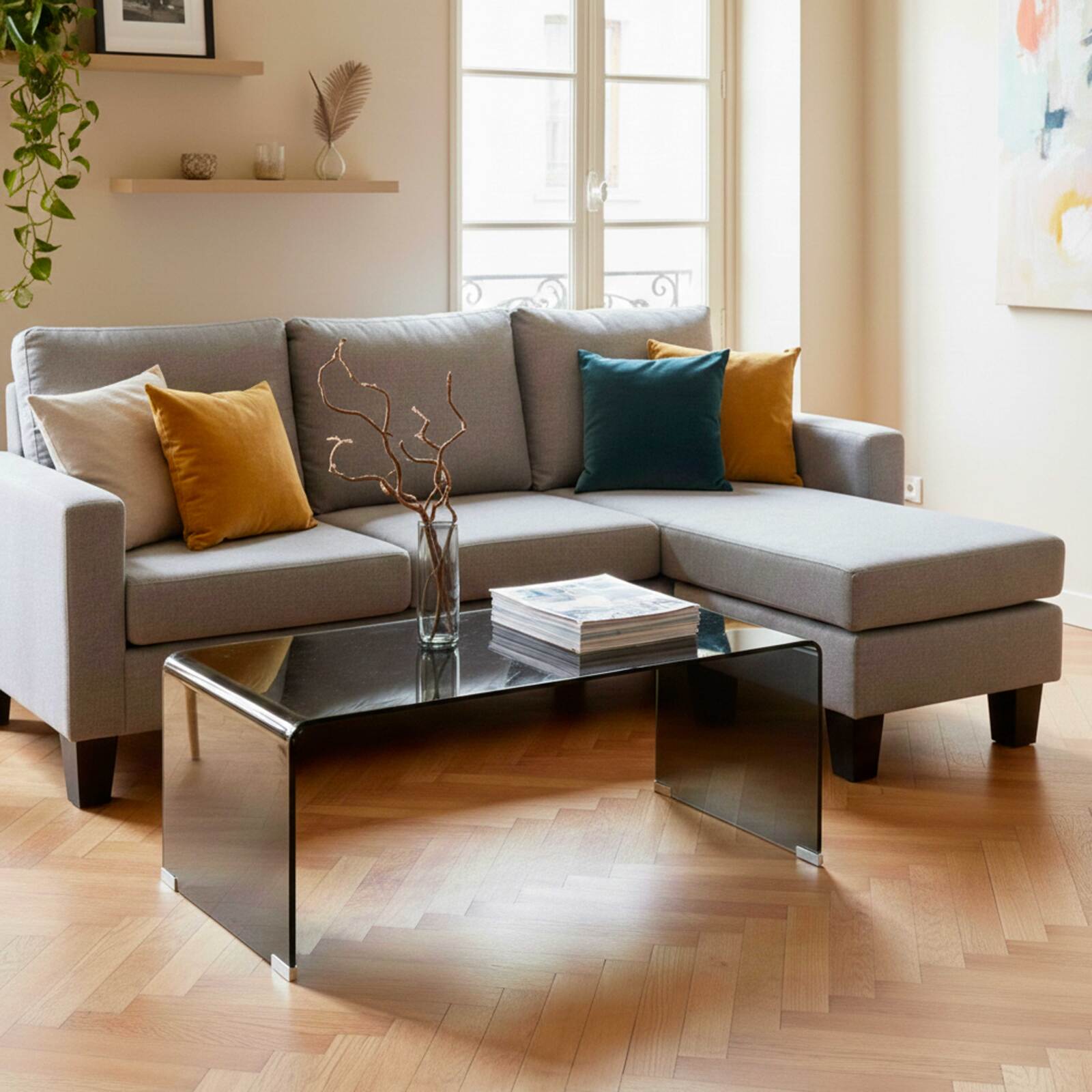 Canapé d'angle 3 places en tissu avec méridienne droite