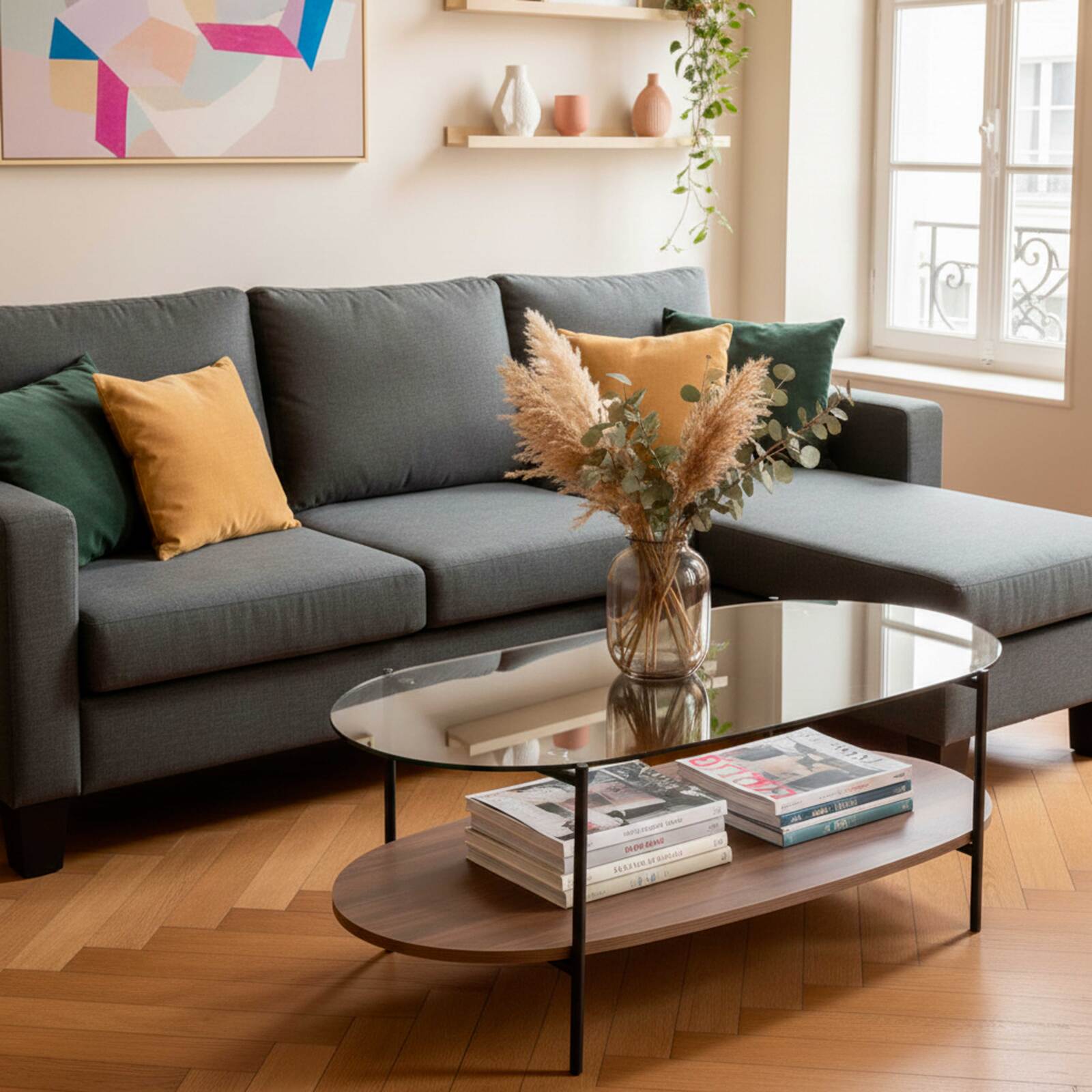 Canapé d'angle 3 places en tissu avec méridienne droite