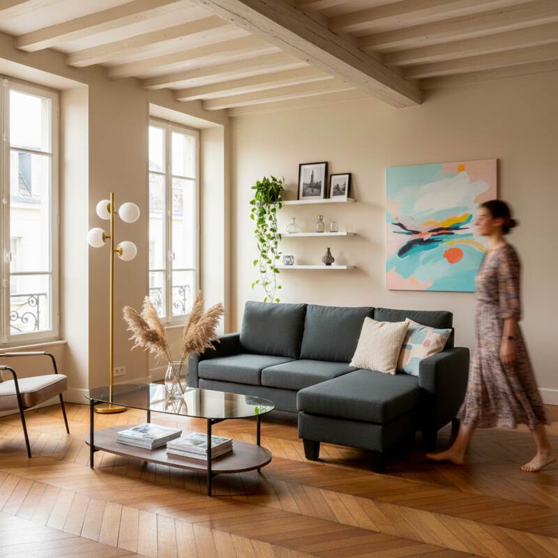 Canapé d'angle 3 places en tissu avec méridienne droite (6/8)