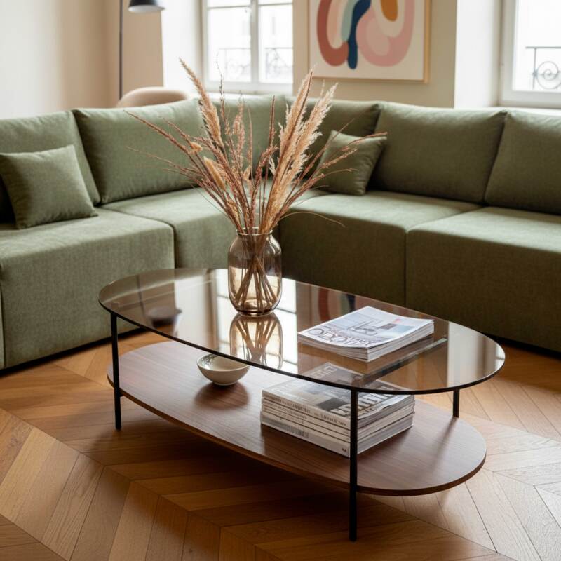 Table basse en verre et effet bois foncé ovale 120 x 55 x 40 cm (2/6)