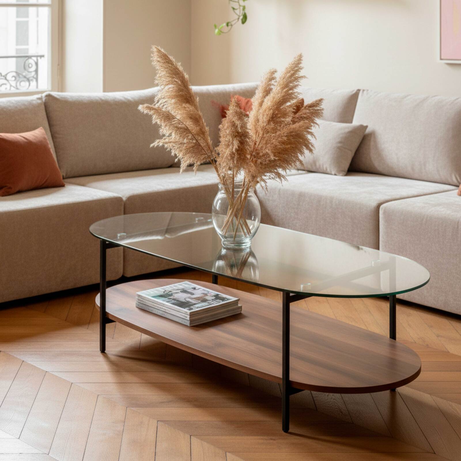 Table basse en verre et effet bois foncé ovale 120 x 55 x 40 cm