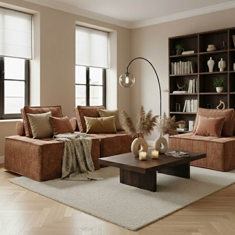 Canapé modulable 3 places en tissu avec coussins 