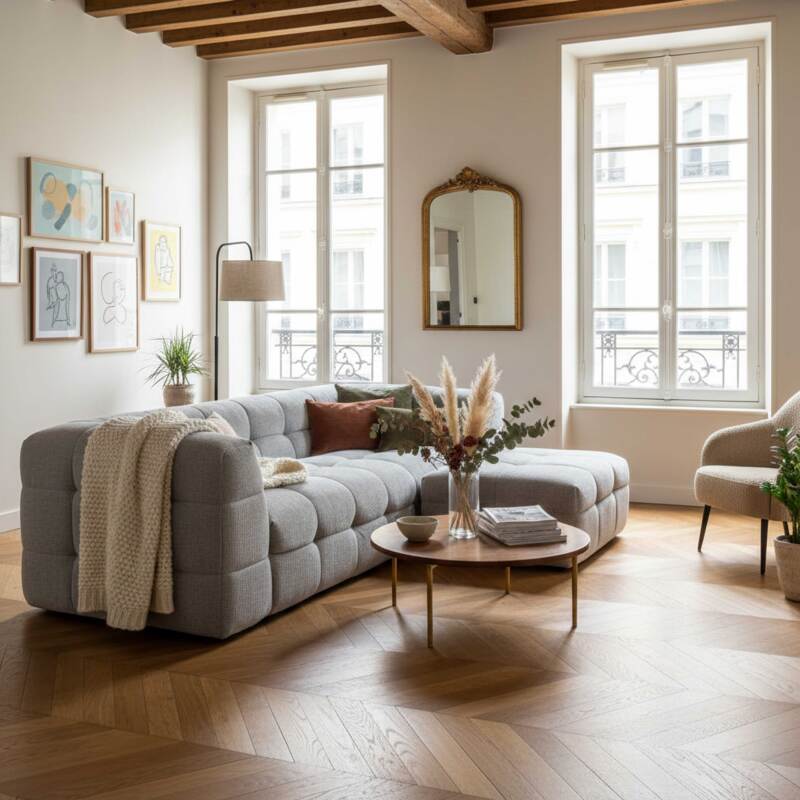 Canapé 3 places en tissu avec pouf (7/8)