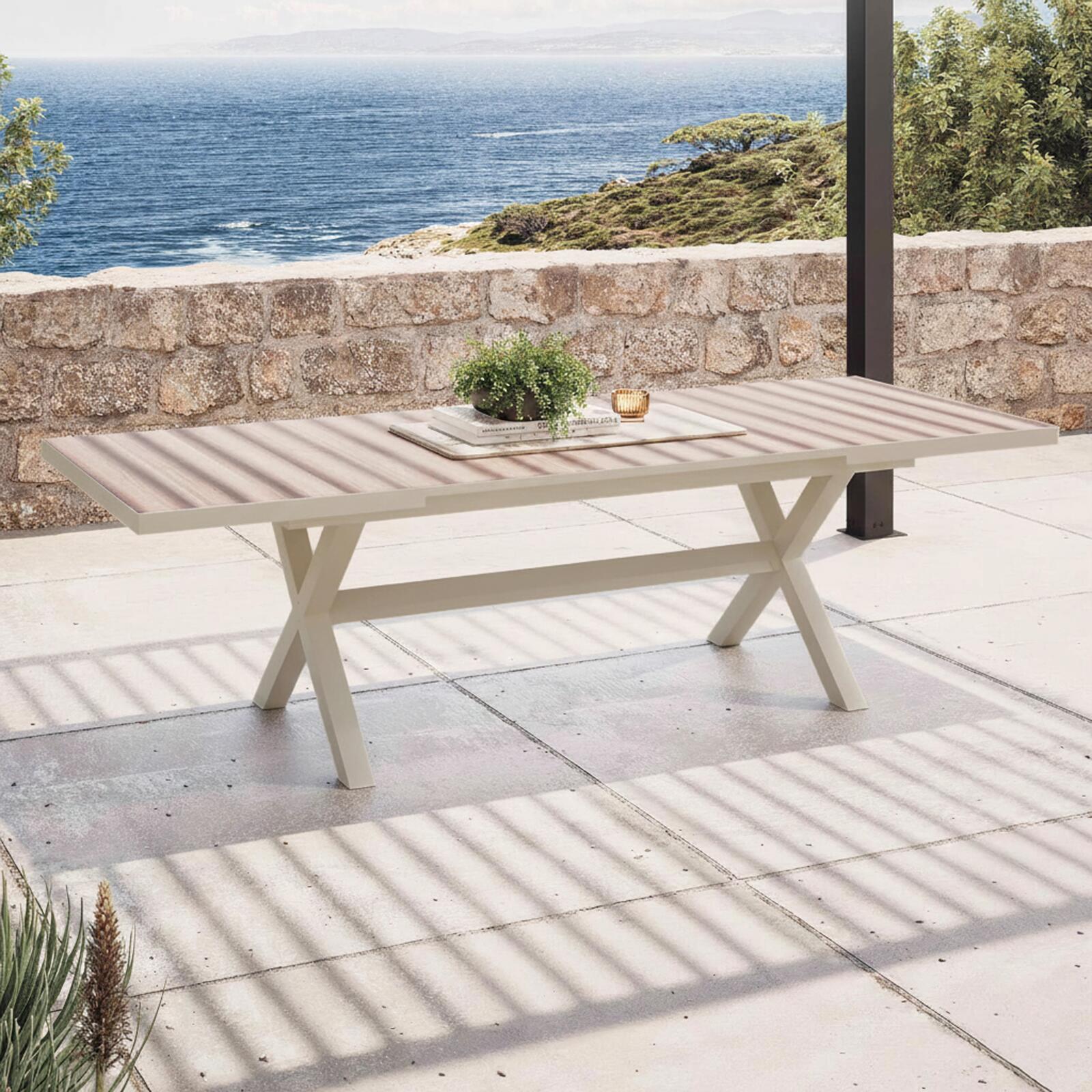 Table de jardin extensible en aluminium et céramique effet bois 8 à 12 personnes (200/260x100 cm) 