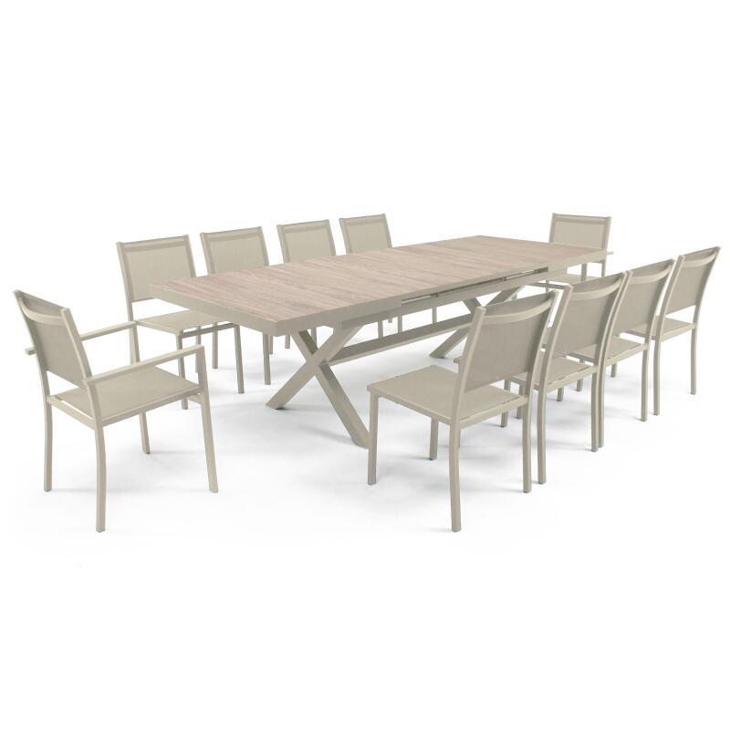 Table de jardin extensible en aluminium et céramique effet bois 200/260x100 cm et 10 chaises en textilène
