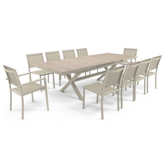 Table de jardin extensible en aluminium et céramique effet bois 200/260x100 cm et 10 chaises en textilène