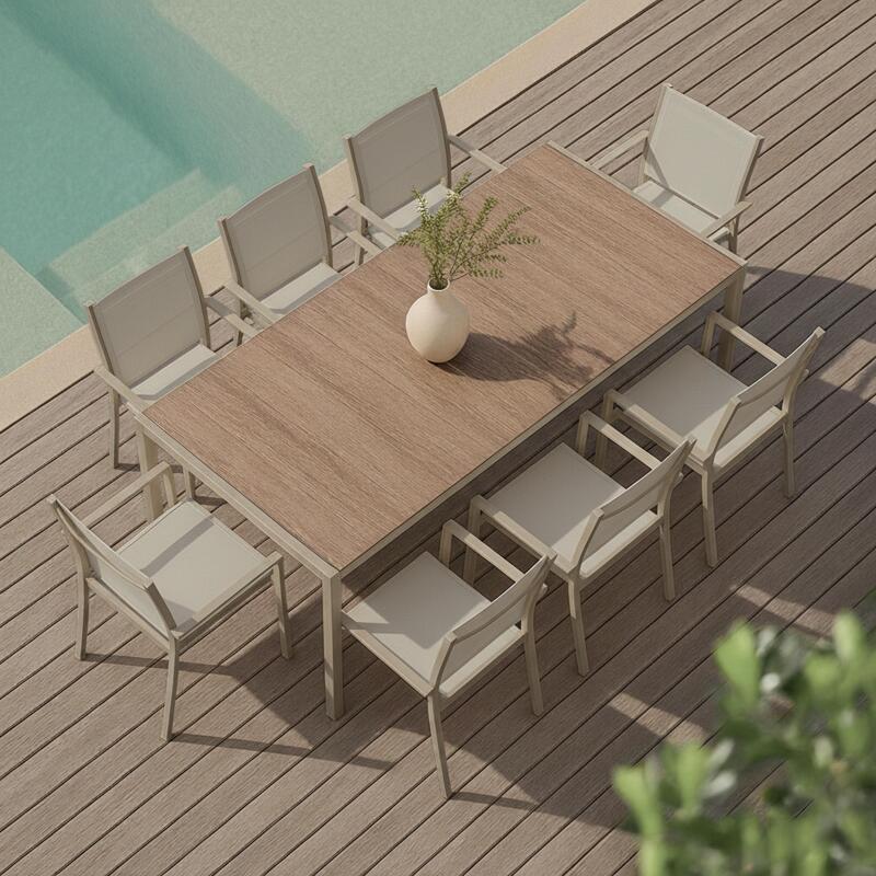 Table de jardin en aluminium et céramique effet bois 206x100 cm et 8 chaises en textilène
