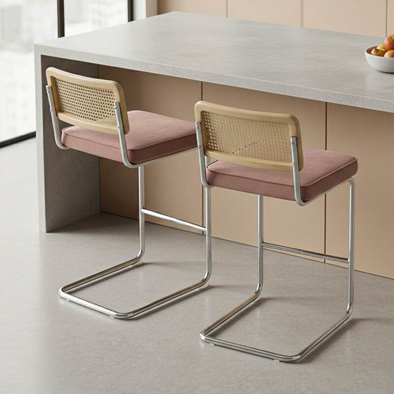 Chaises hautes en velours et métal avec dossier bois esprit cannage - Lot de 2 (2/7)