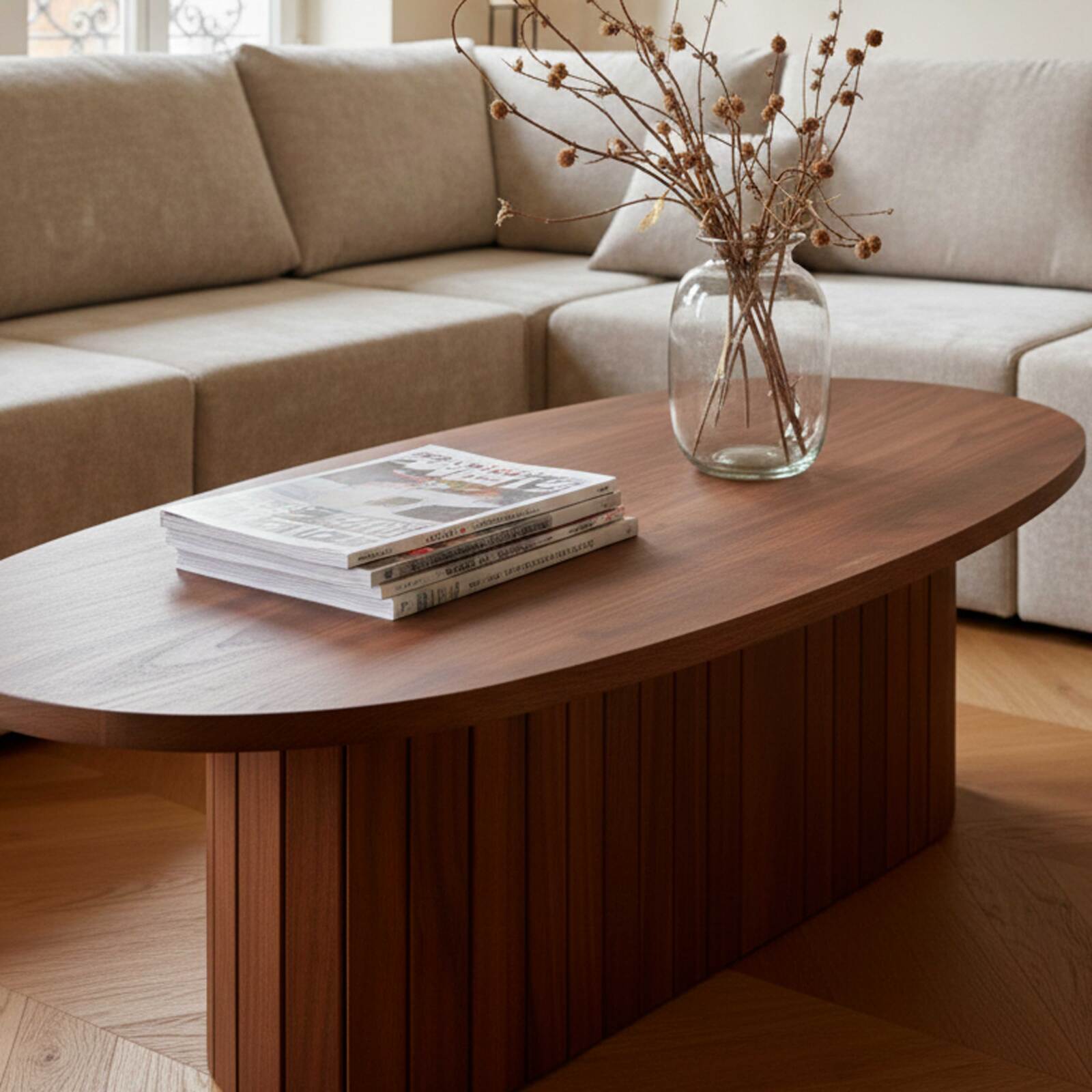 Table basse effet bois FSC® ovale 120x60 cm style bohème