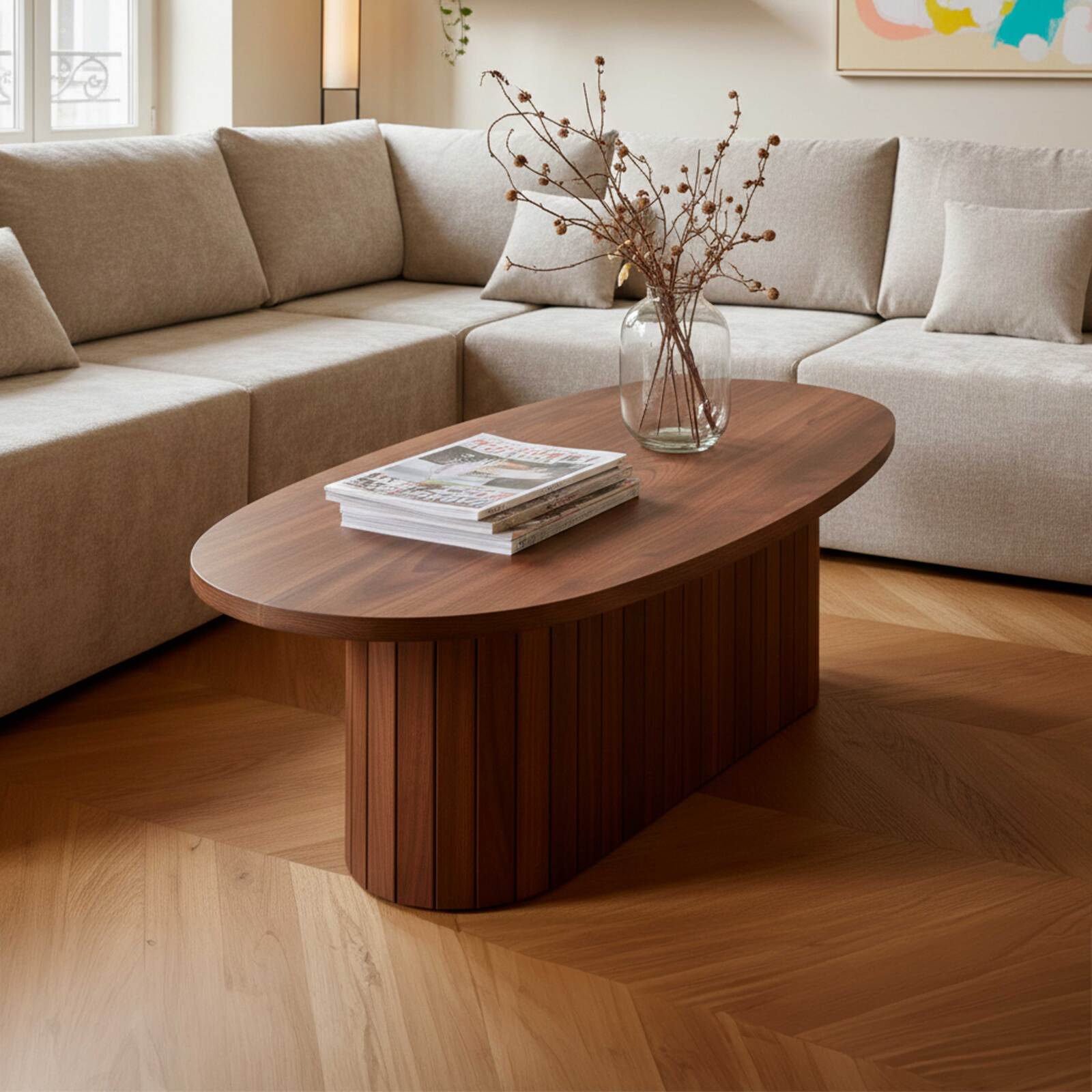 Table basse effet bois FSC® ovale 120x60 cm style bohème