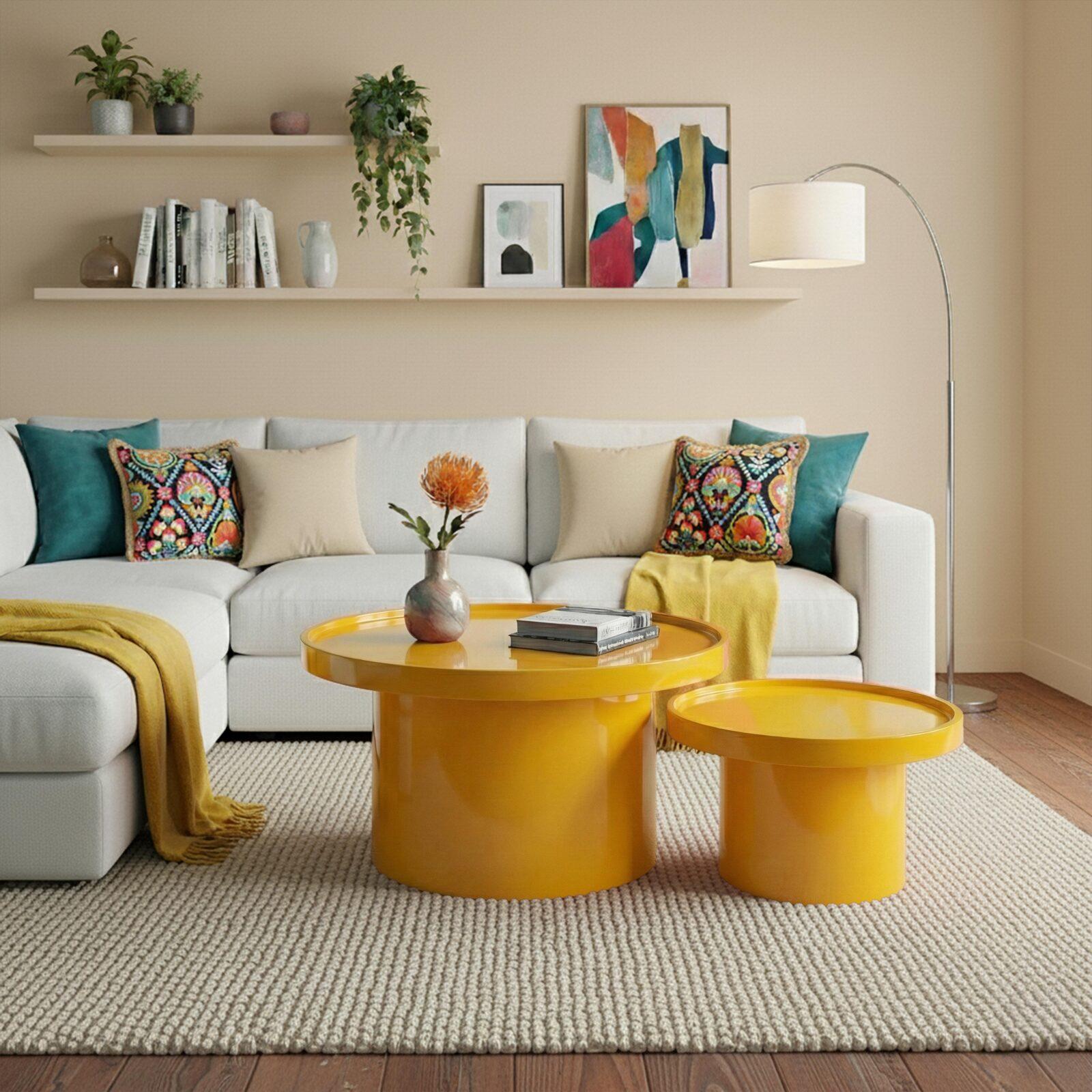 Tables basses gigognes effet laqué rondes Ø70 et Ø50 cm style rétro - Par 2