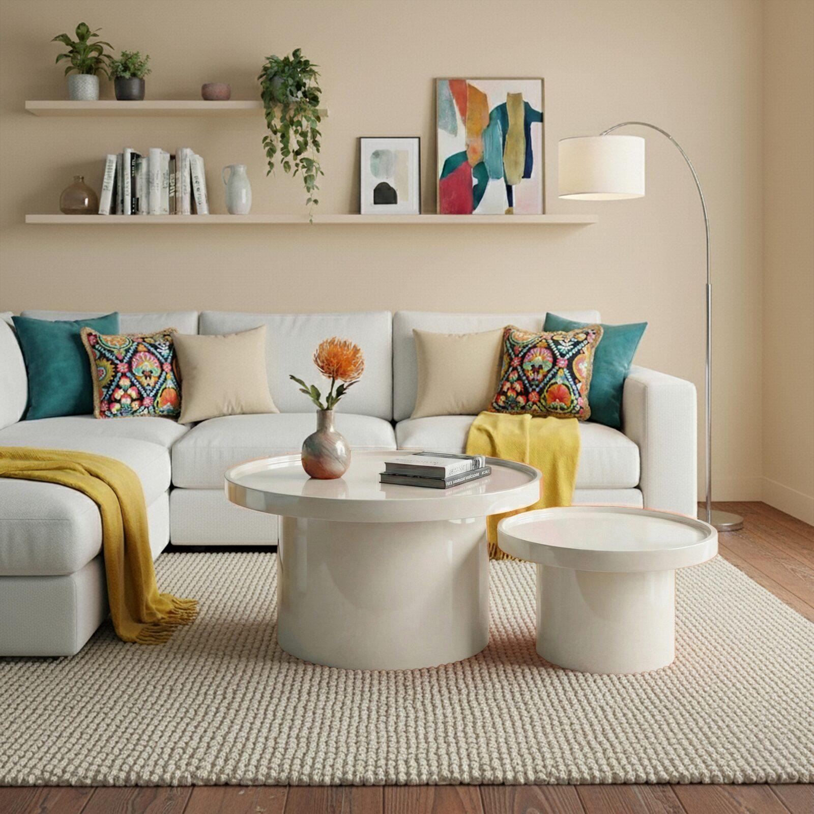 Tables basses gigognes effet laqué rondes Ø70 et Ø50 cm style rétro - Par 2