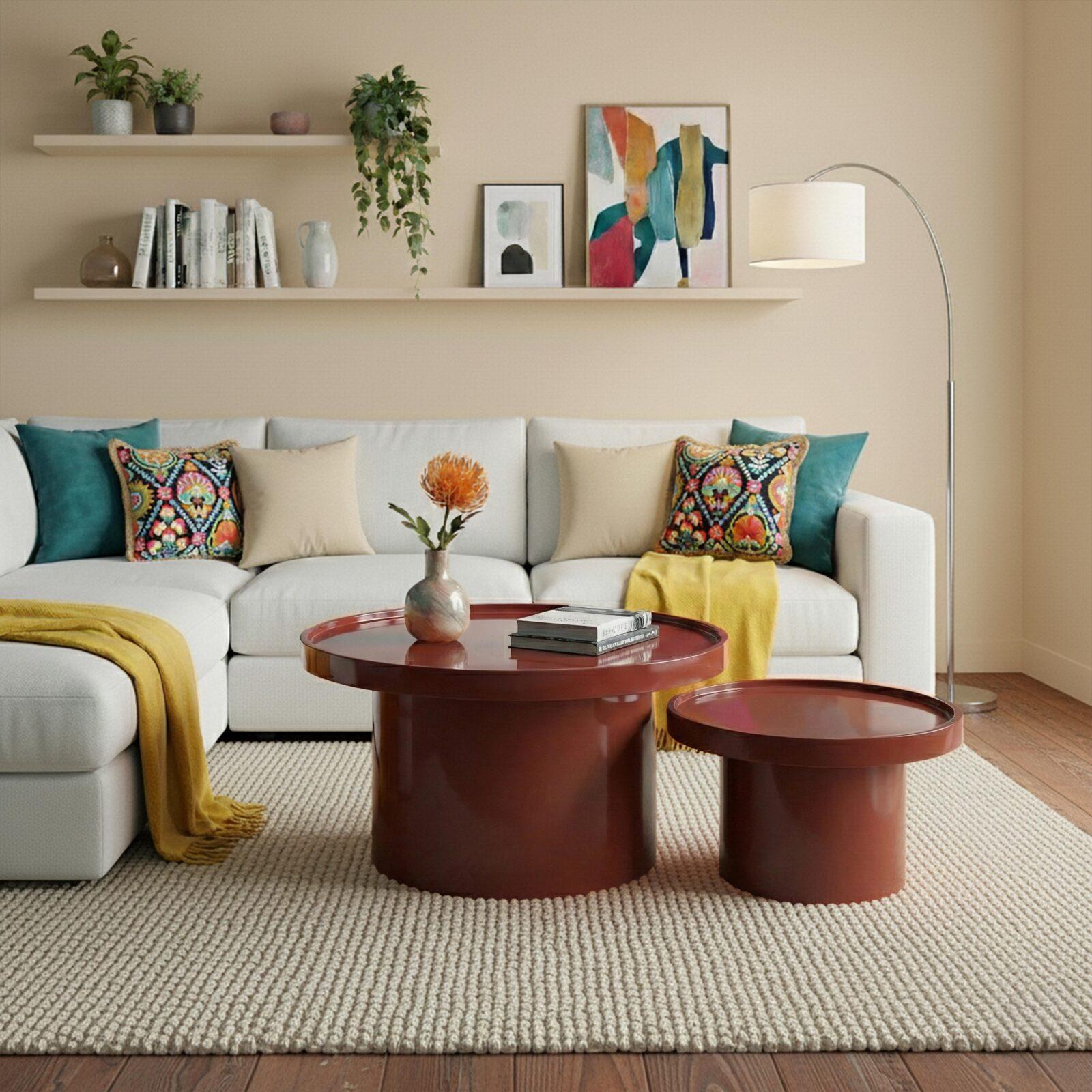 Tables basses gigognes effet laqué rondes Ø70 et Ø50 cm style rétro - Par 2