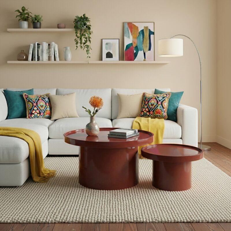 Tables basses gigognes effet laqué rondes Ø70 et Ø50 cm style rétro - Par 2