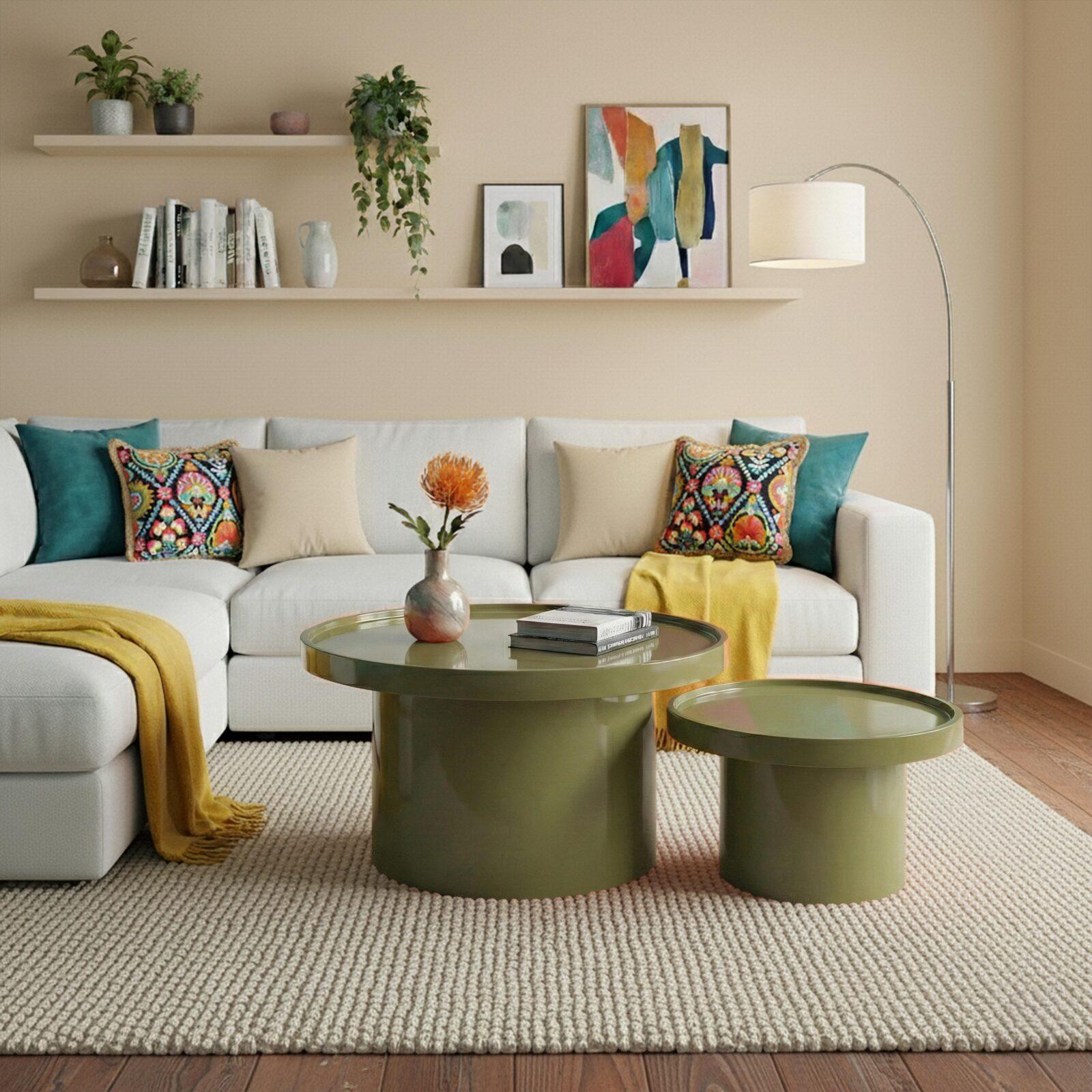 Tables basses gigognes effet laqué rondes Ø70 et Ø50 cm style rétro - Par 2