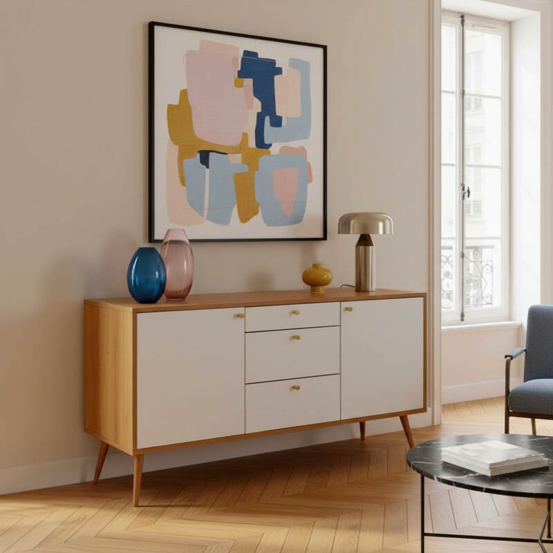 Buffet effet bois clair 2 portes 3 tiroirs 150 cm style scandinave