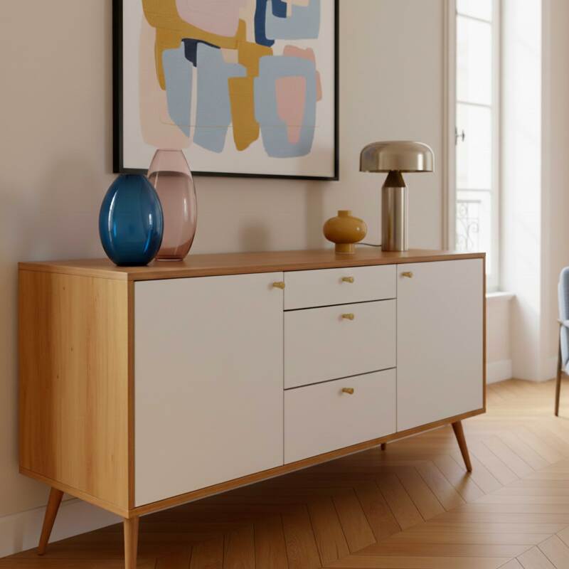 Buffet effet bois clair 2 portes 3 tiroirs 150 cm style scandinave (2/8)