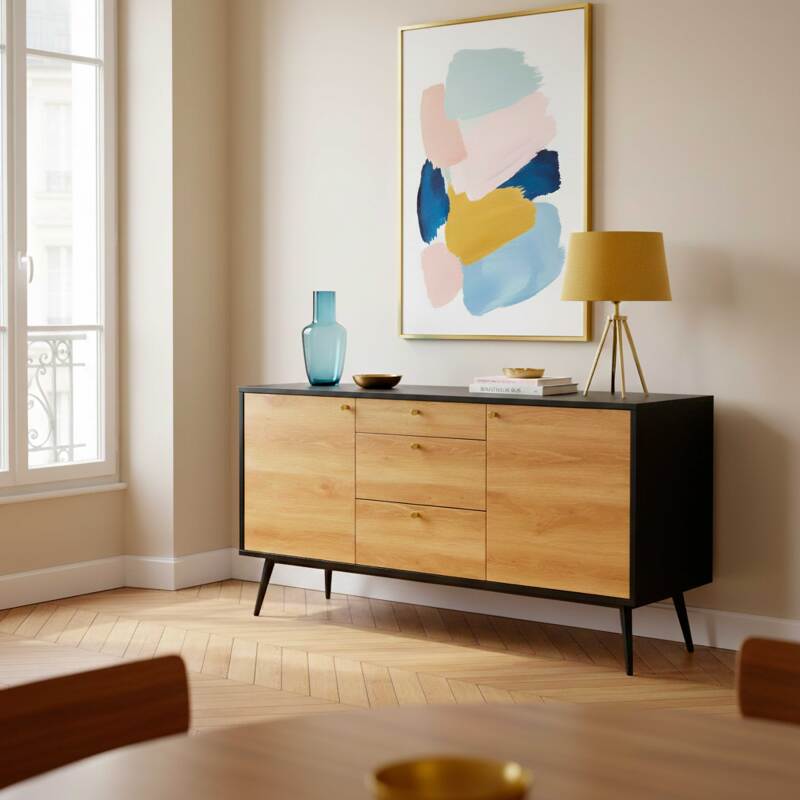 Buffet effet bois clair 2 portes 3 tiroirs 150 cm style scandinave