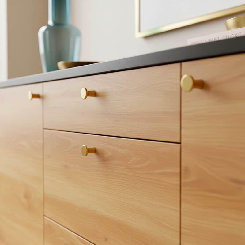 Buffet effet bois clair 2 portes 3 tiroirs 150 cm style scandinave (3/8)