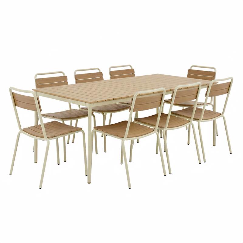 Table de jardin effet bois en métal et polywood 180x90 cm et 8 chaises