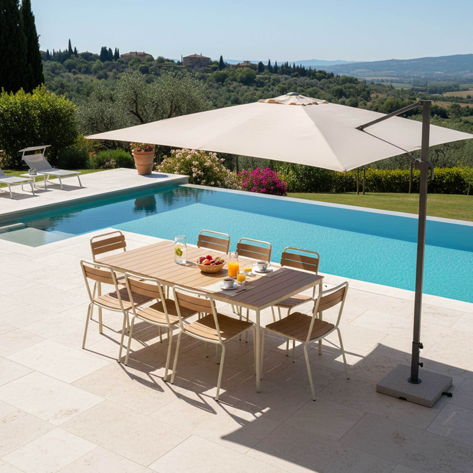 Table de jardin effet bois en métal et polywood 180x90 cm et 8 chaises